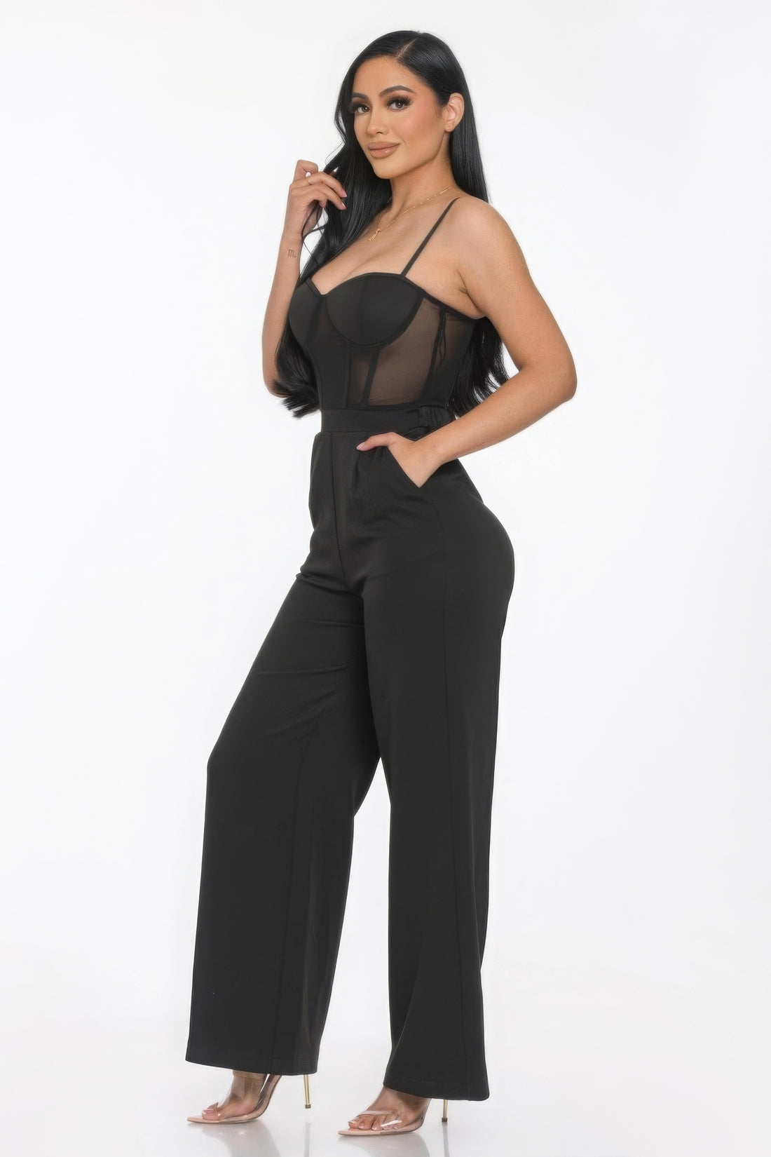 Carla Mesh Bodice Wide Leg Bodycon Jumpsuit