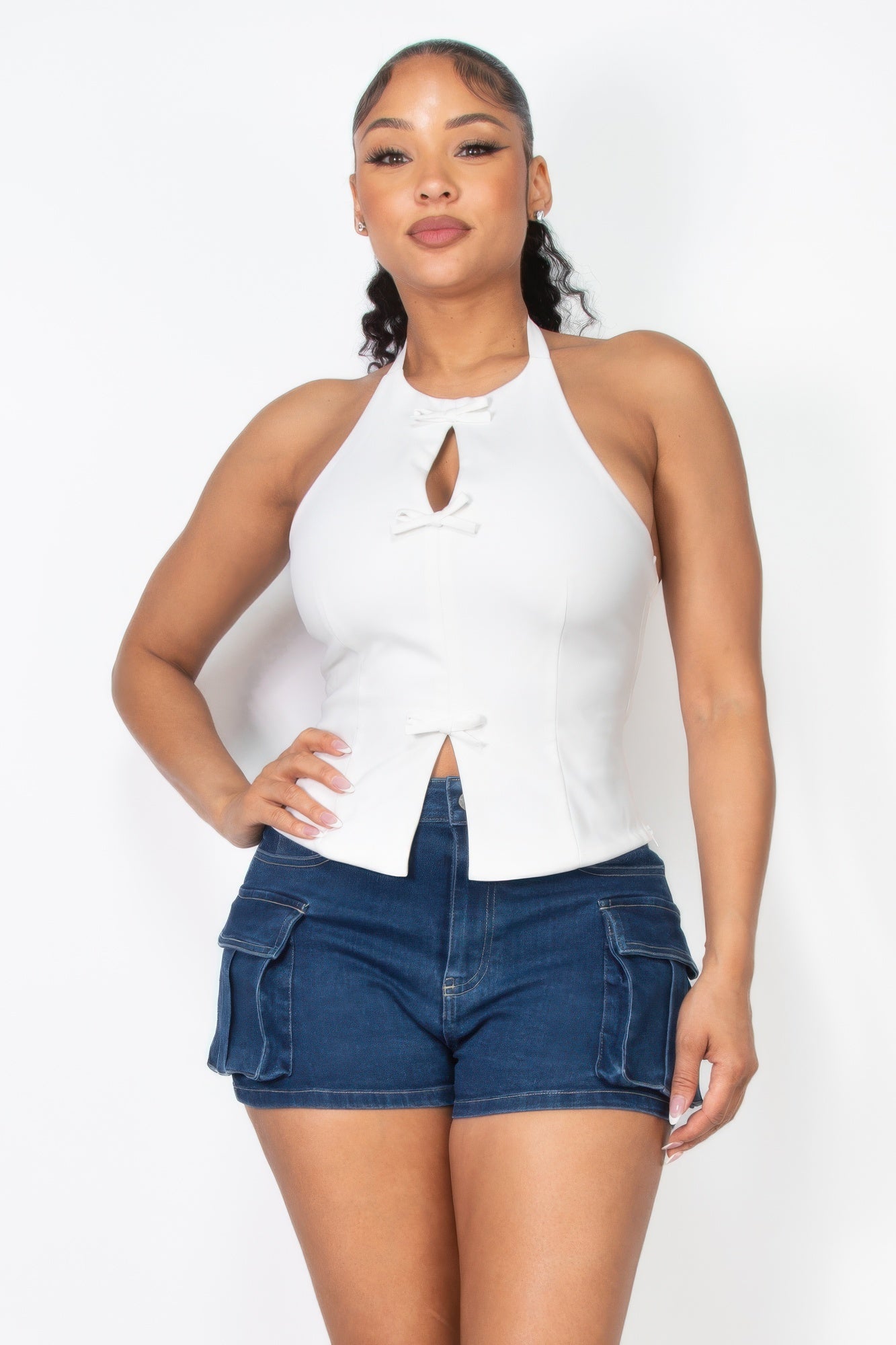 Casual Basics Halter Ribbon Detail Open Back Top