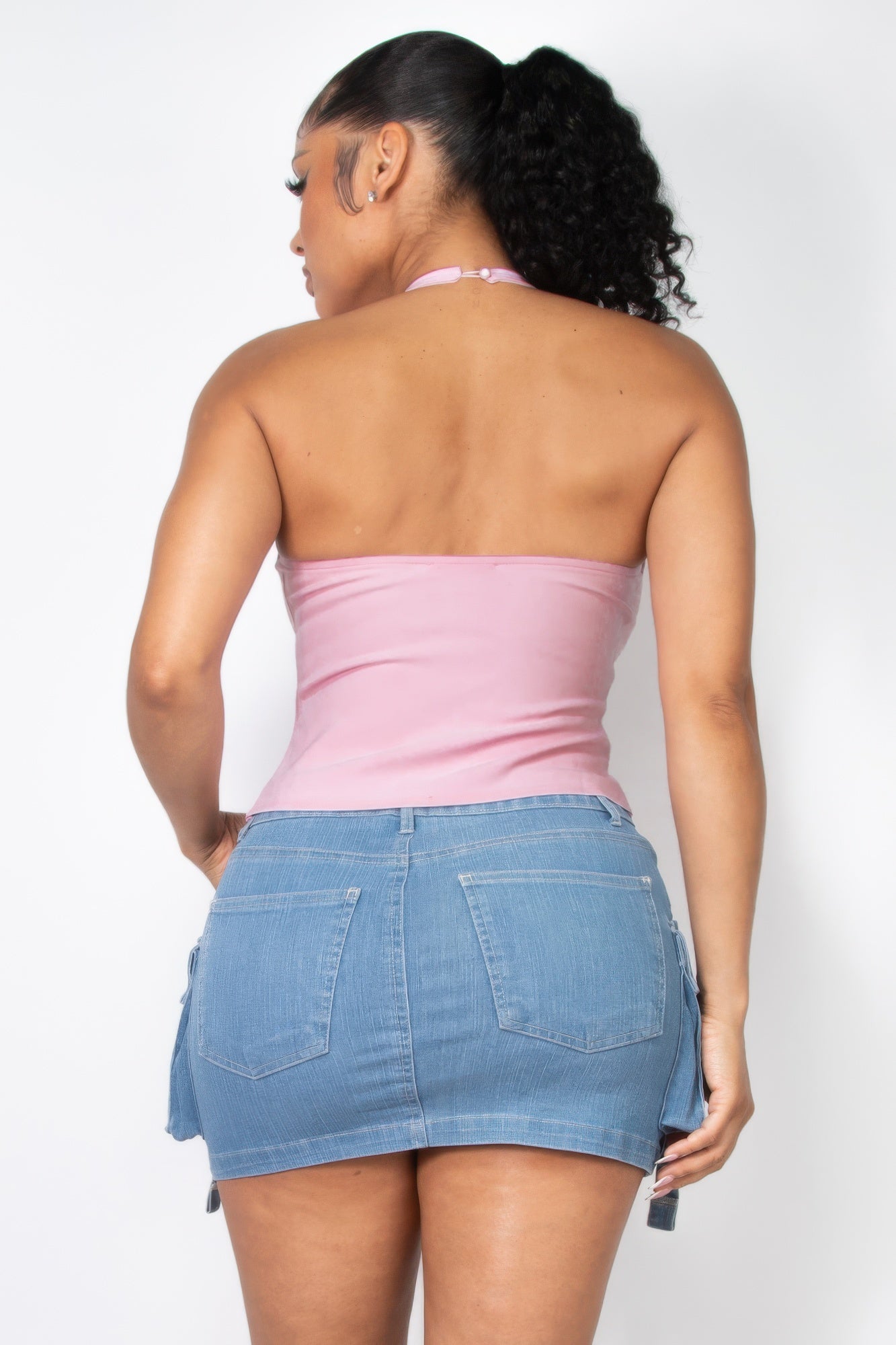 Casual Basics Halter Ribbon Detail Open Back Top