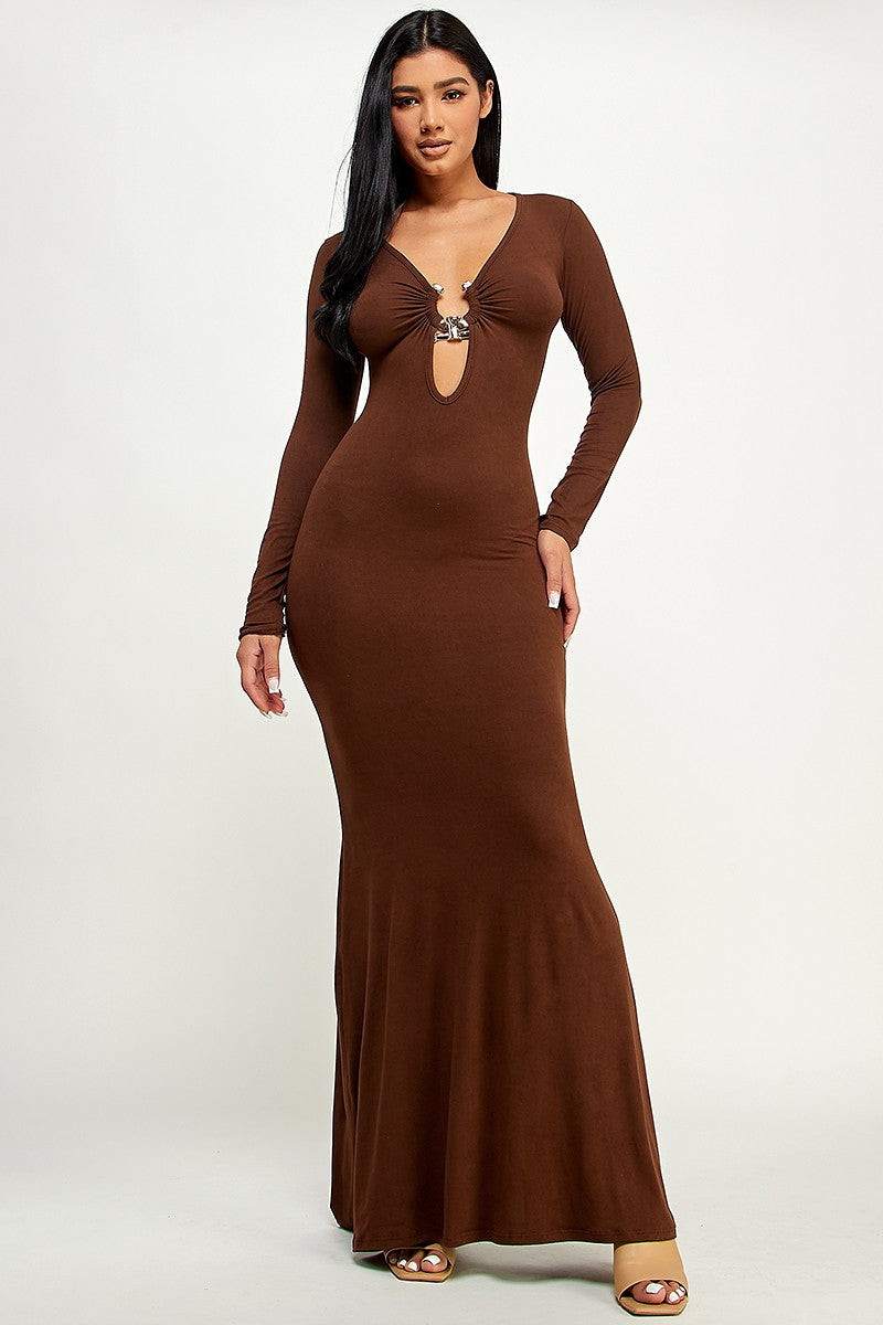 Lori Plunge Neck O Ring Cutout Bodycon Maxi Dress