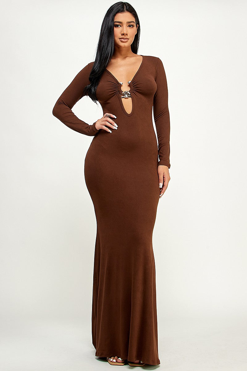 Lori Plunge Neck O Ring Cutout Bodycon Maxi Dress