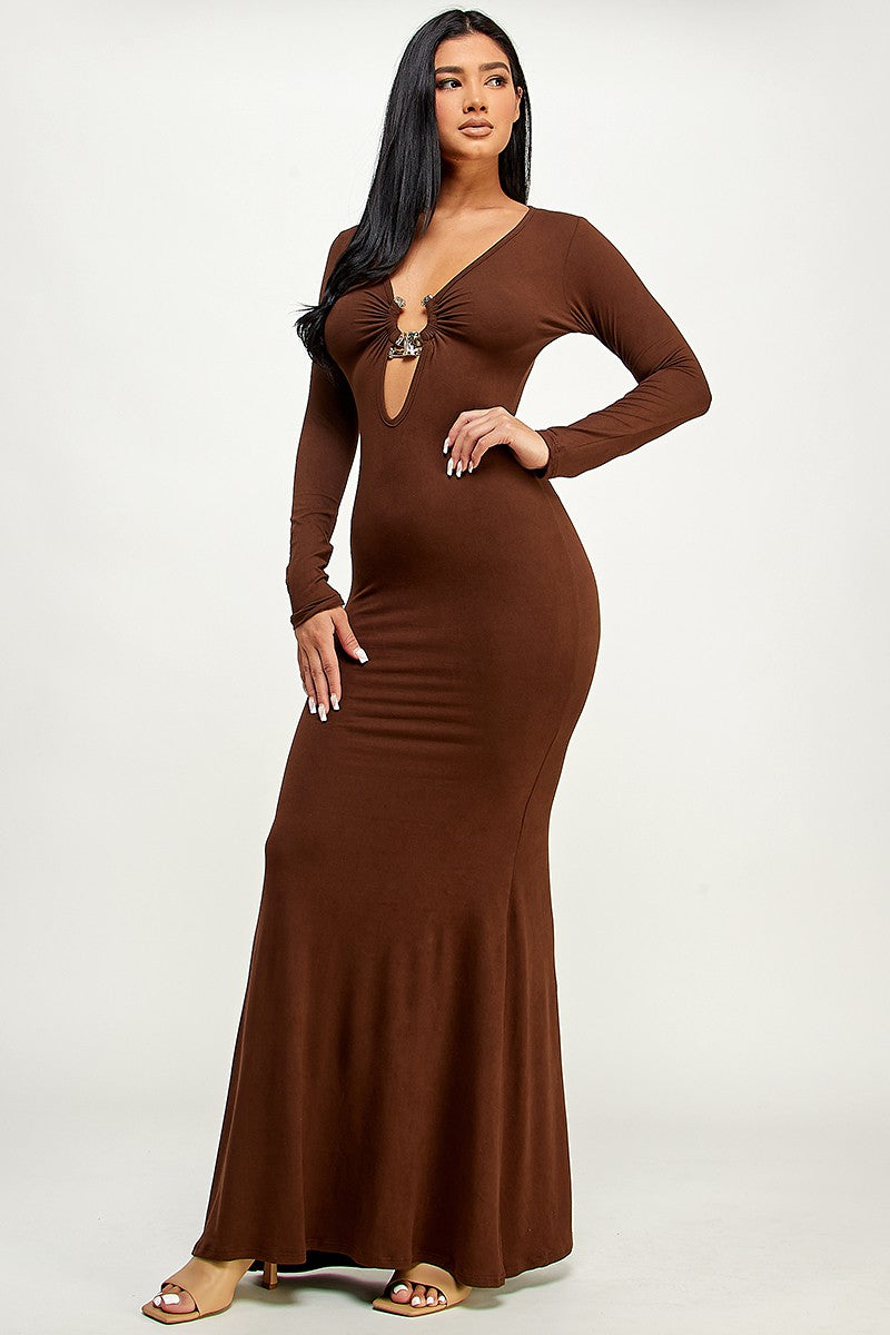 Lori Plunge Neck O Ring Cutout Bodycon Maxi Dress