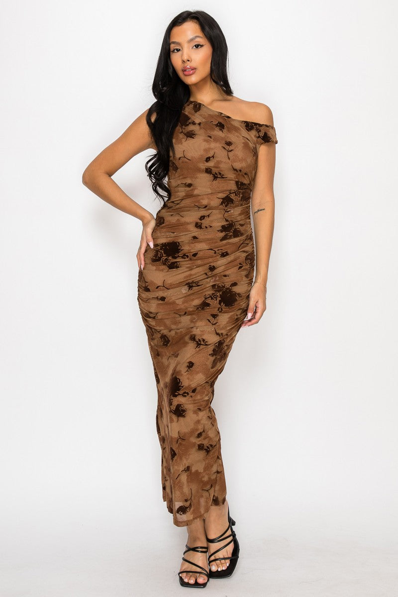 Myndee Asymmetric Ruched Printed Mesh Maxi Dress