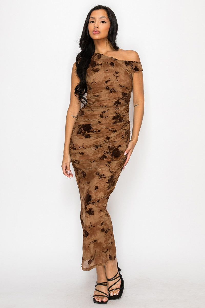 Myndee Asymmetric Ruched Printed Mesh Maxi Dress