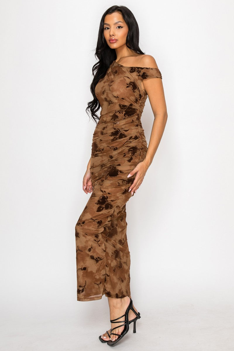 Myndee Asymmetric Ruched Printed Mesh Maxi Dress