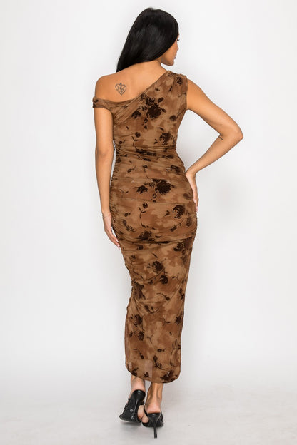 Myndee Asymmetric Ruched Printed Mesh Maxi Dress