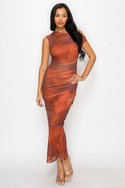 Myndee Asymmetric Ruched Printed Mesh Maxi Dress