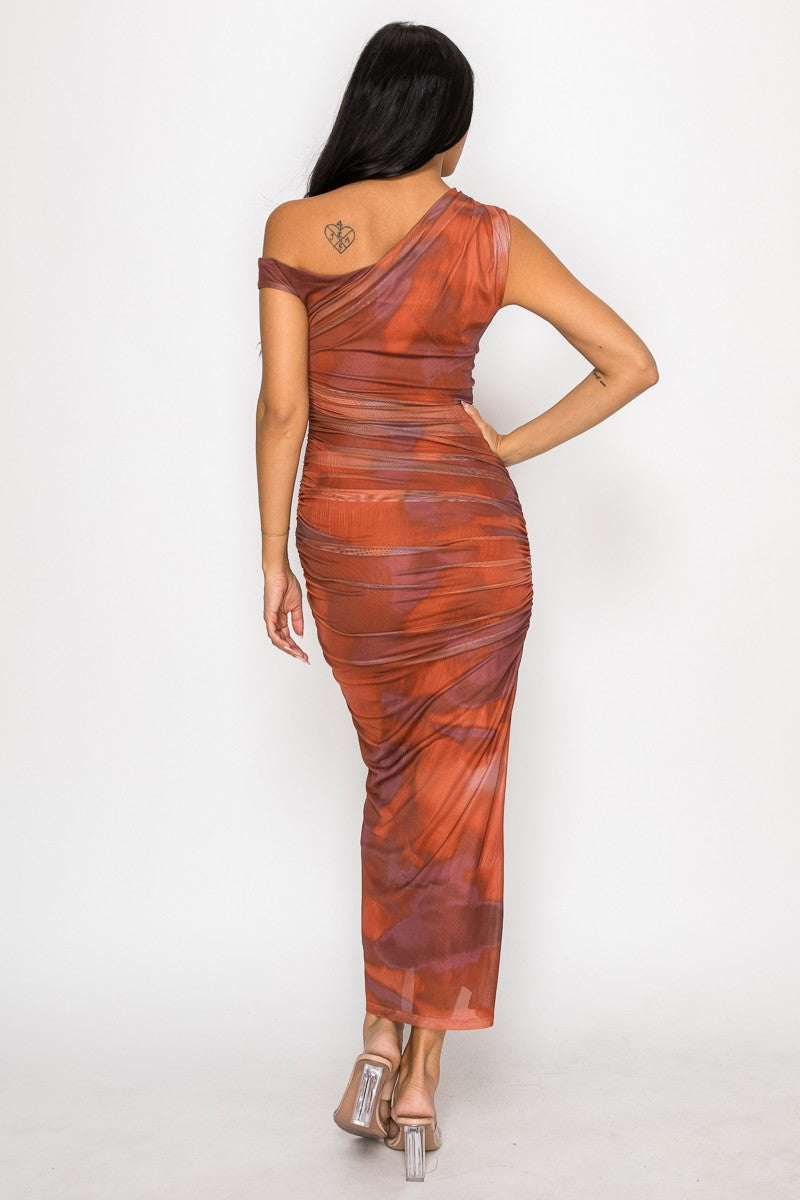 Myndee Asymmetric Ruched Printed Mesh Maxi Dress