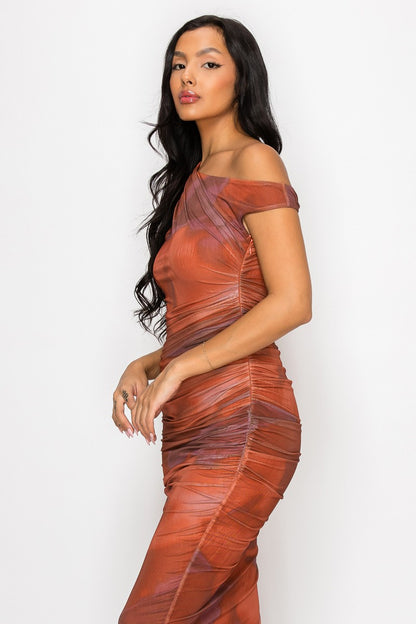 Myndee Asymmetric Ruched Printed Mesh Maxi Dress