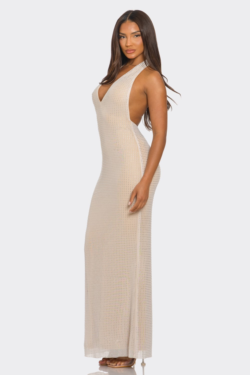 Charlie Plunge Neck Hot Fix Embellished Open Back Maxi Dress