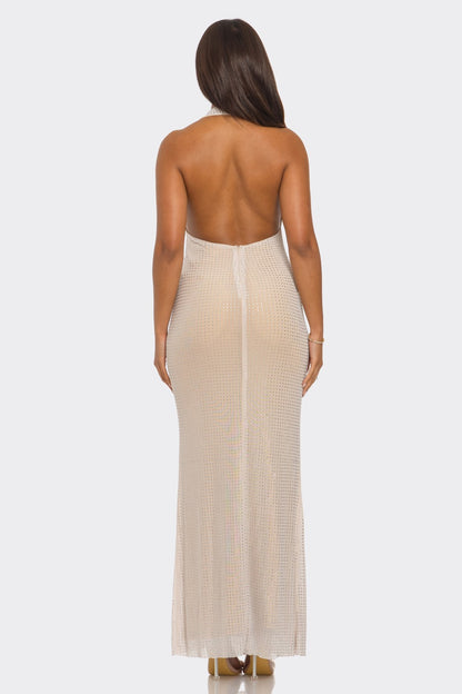 Charlie Plunge Neck Hot Fix Embellished Open Back Maxi Dress