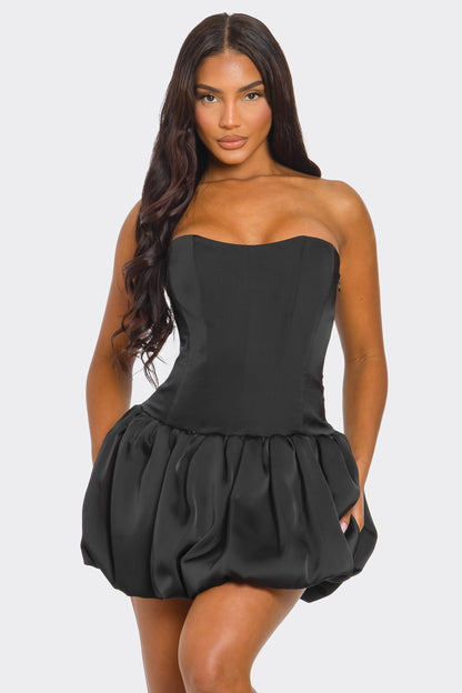 Eliana Lace Up Corset Strapless Bubble Hem Mini Dress