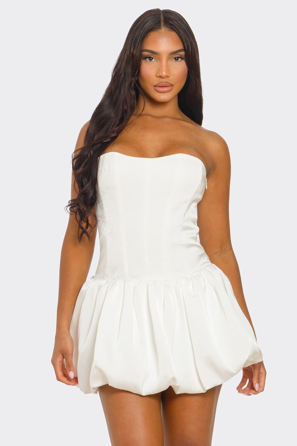 Eliana Lace Up Corset Strapless Bubble Hem Mini Dress