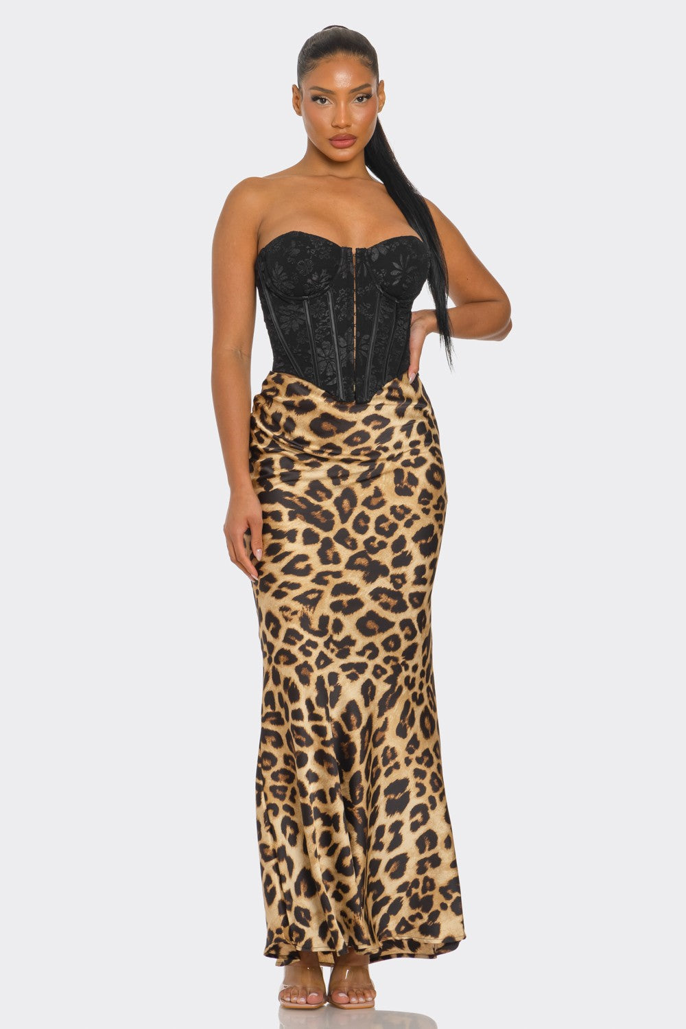 Maria Leopard Print Mermaid Hem Satin Maxi Skirt