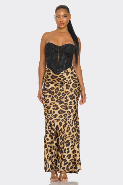 Maria Leopard Print Mermaid Hem Satin Maxi Skirt