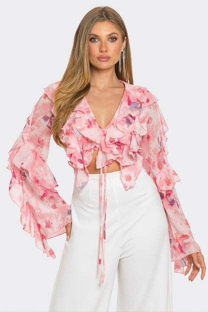 Charisma Floral Print Ruffle Tie Crop Blouse Top