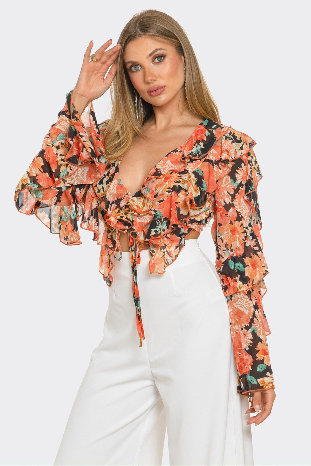 Charisma Floral Print Ruffle Tie Crop Blouse Top