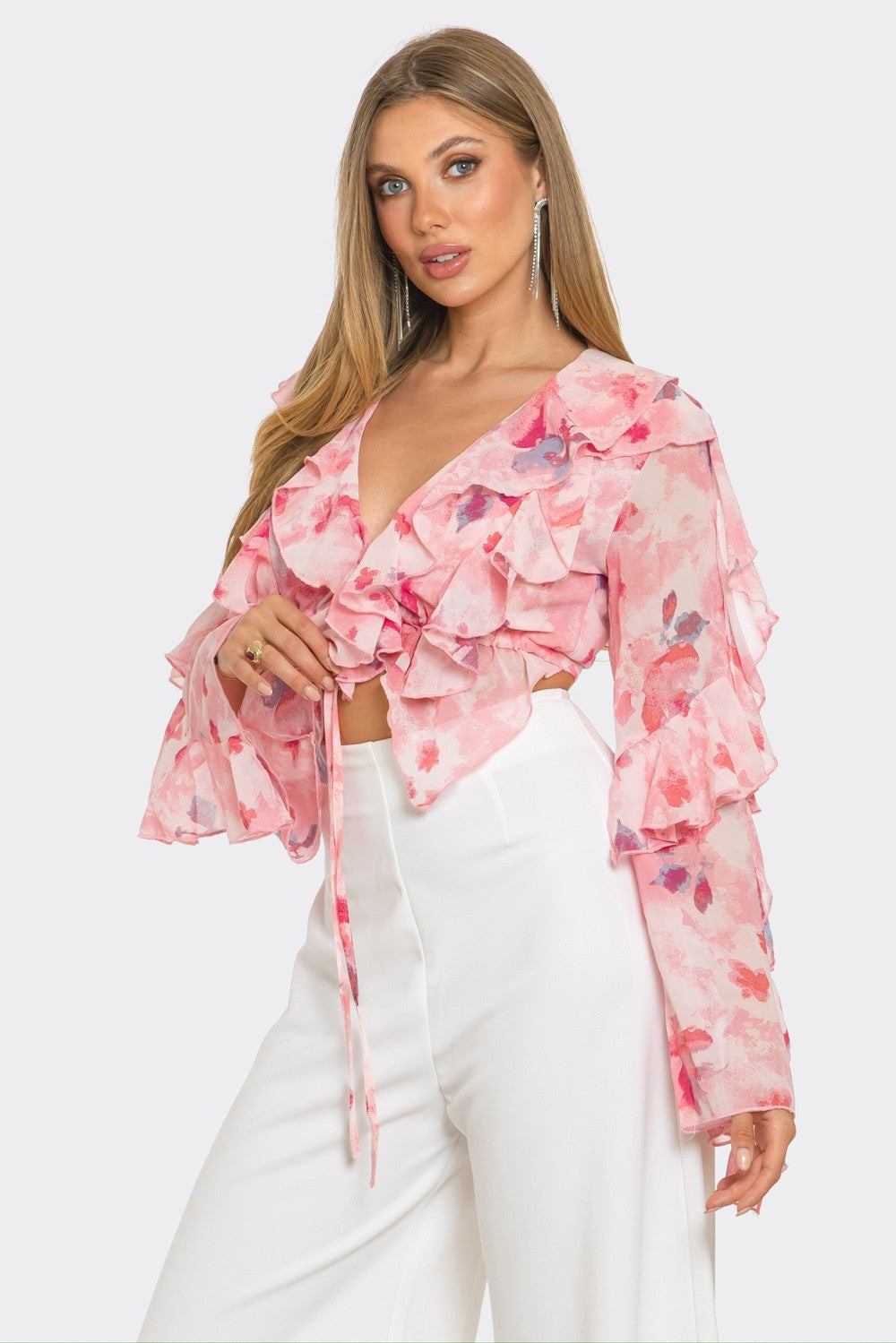 Charisma Floral Print Ruffle Tie Crop Blouse Top