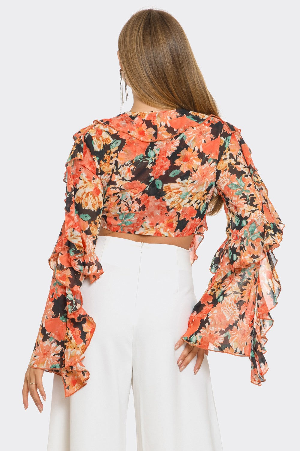 Charisma Floral Print Ruffle Tie Crop Blouse Top