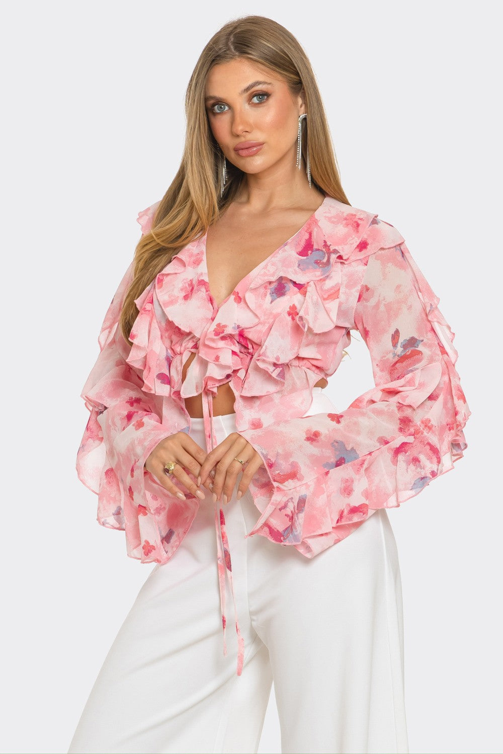 Charisma Floral Print Ruffle Tie Crop Blouse Top