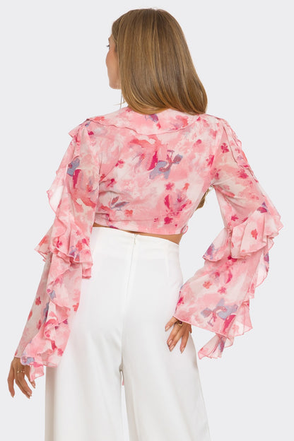 Charisma Floral Print Ruffle Tie Crop Blouse Top