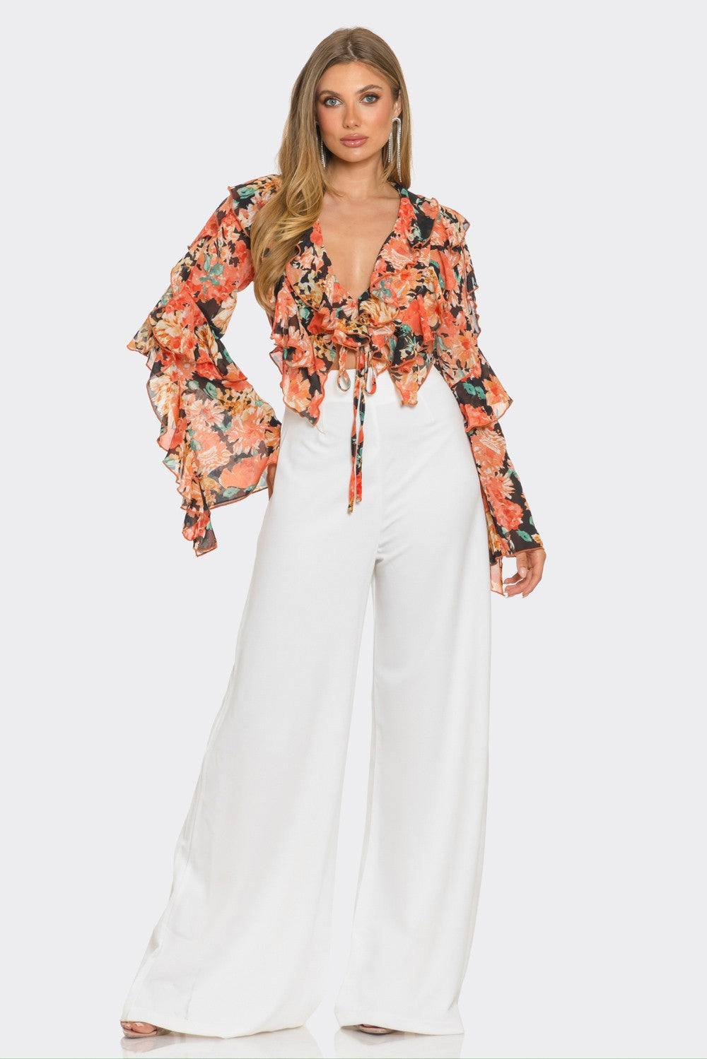 Charisma Floral Print Ruffle Tie Crop Blouse Top