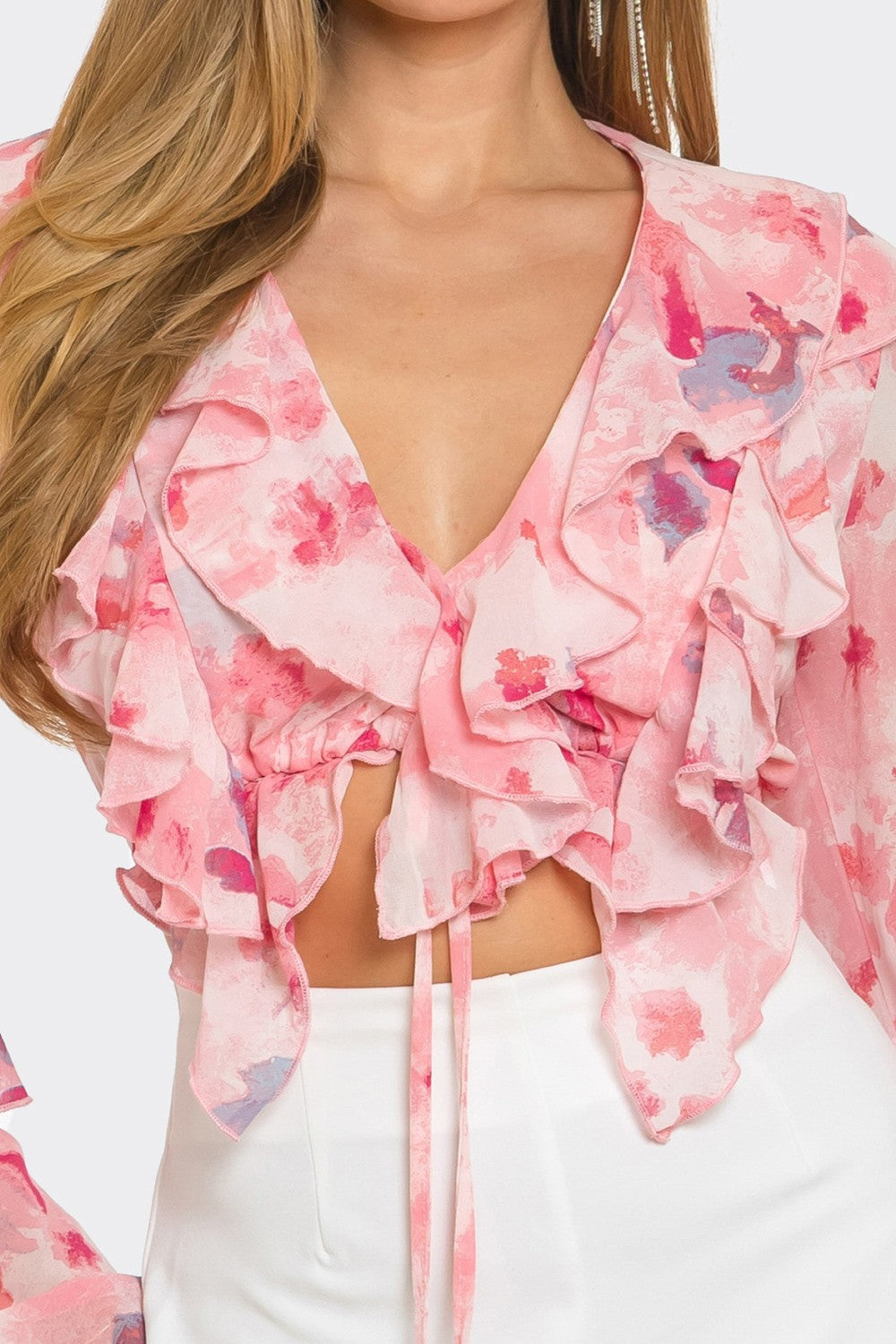 Charisma Floral Print Ruffle Tie Crop Blouse Top