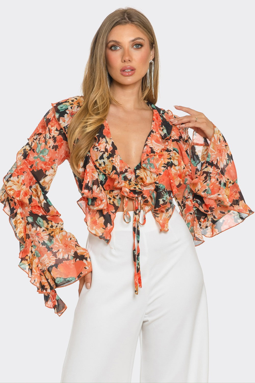 Charisma Floral Print Ruffle Tie Crop Blouse Top