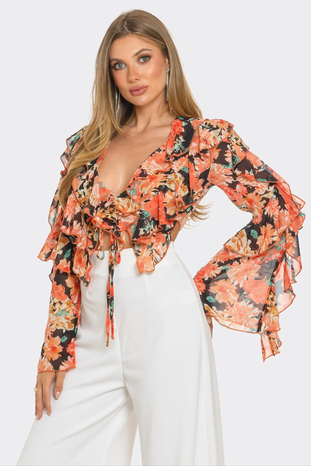 Charisma Floral Print Ruffle Tie Crop Blouse Top