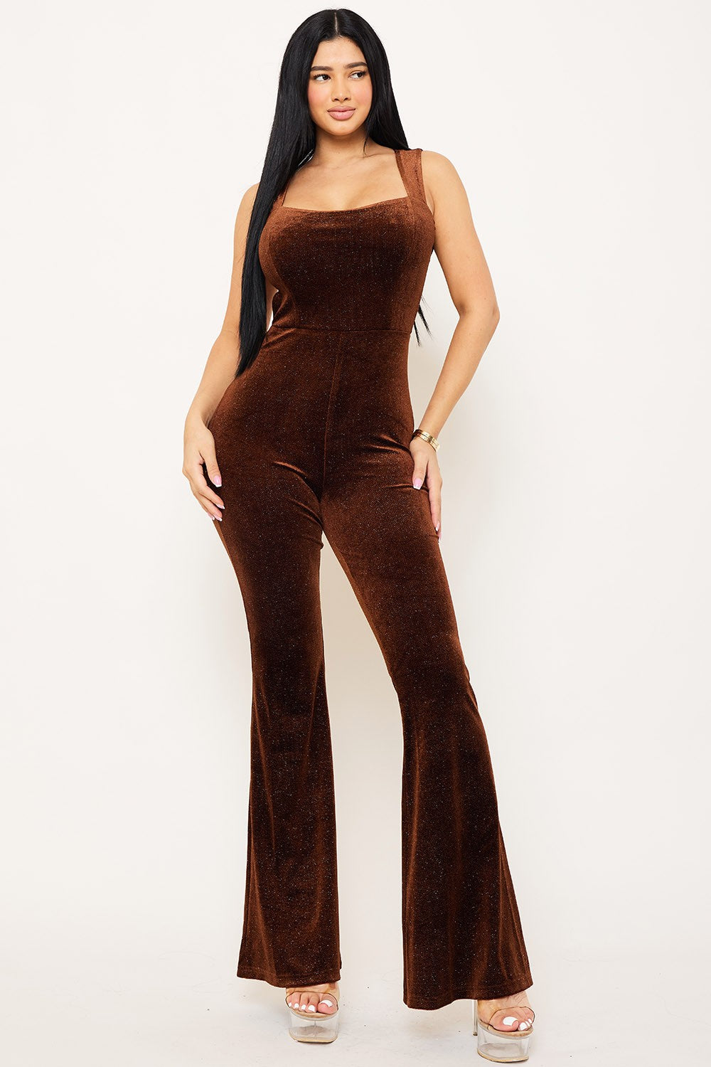 Sherry Glitter Velvet Open Back Flare Jumpsuit