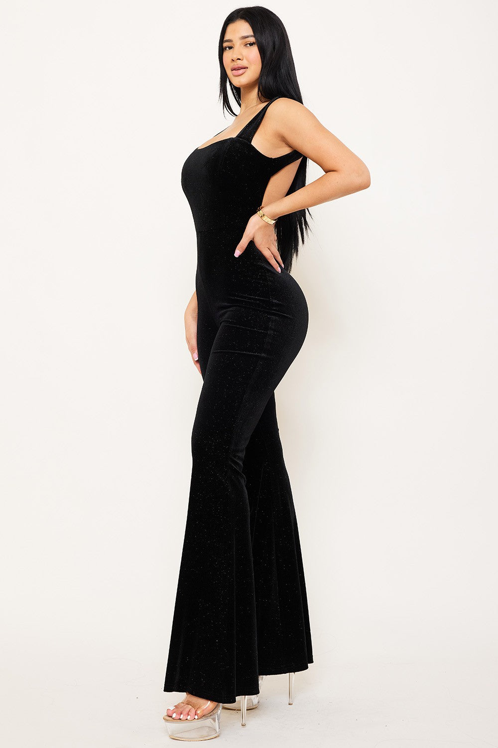 Sherry Glitter Velvet Open Back Flare Jumpsuit