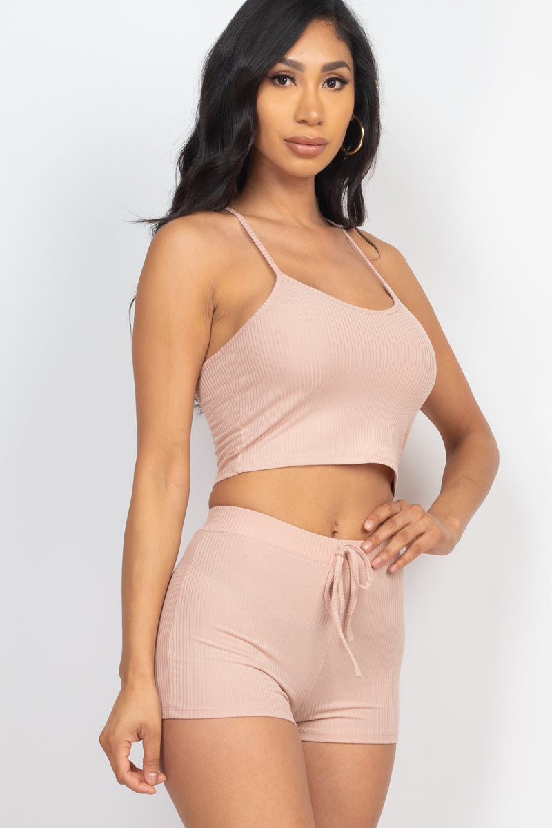 Casual Basics Rib Knit Crop Cami Top &amp; Shorts Lounge Set