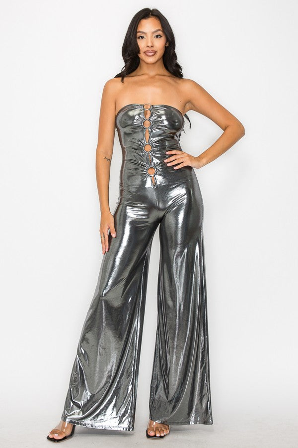 Osaka Metallic Foil O Ring Cut Out Front Strapless Jumpsuit