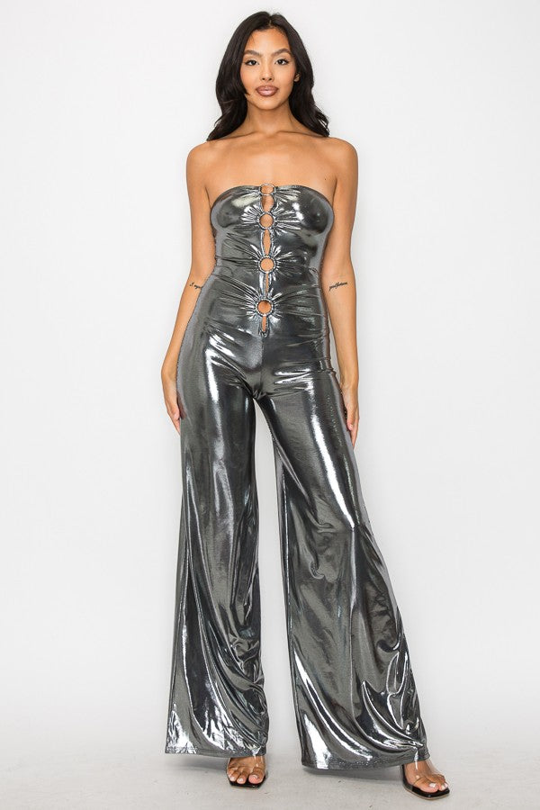 Osaka Metallic Foil O Ring Cut Out Front Strapless Jumpsuit