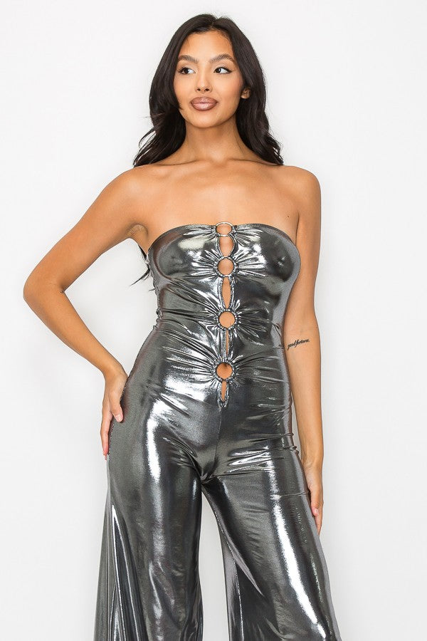 Osaka Metallic Foil O Ring Cut Out Front Strapless Jumpsuit