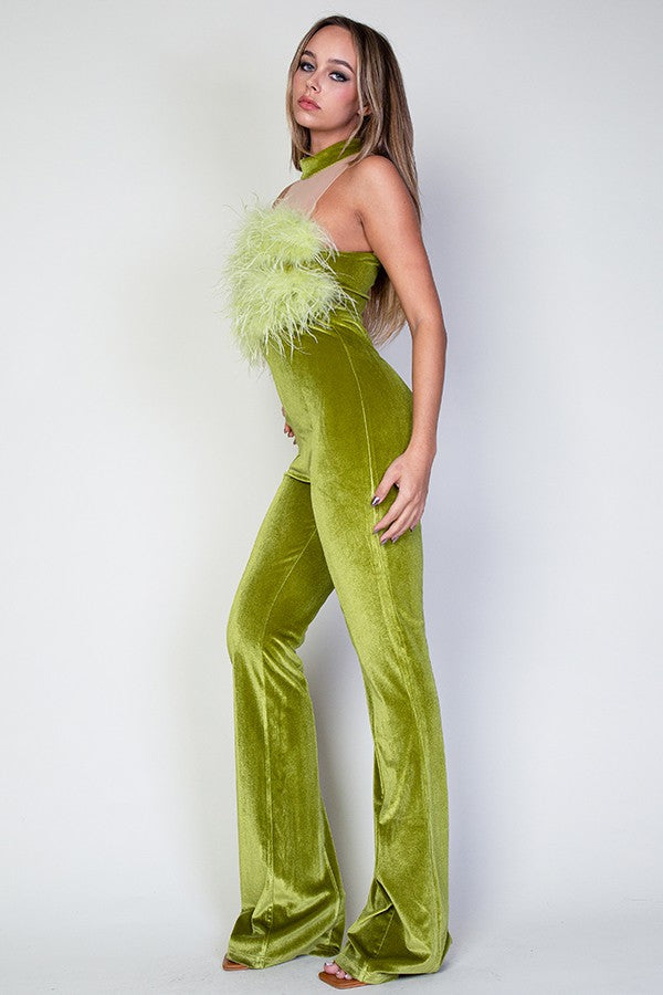 Giselle Faux Fur Trim Mesh Contrast Velvet Jumpsuit