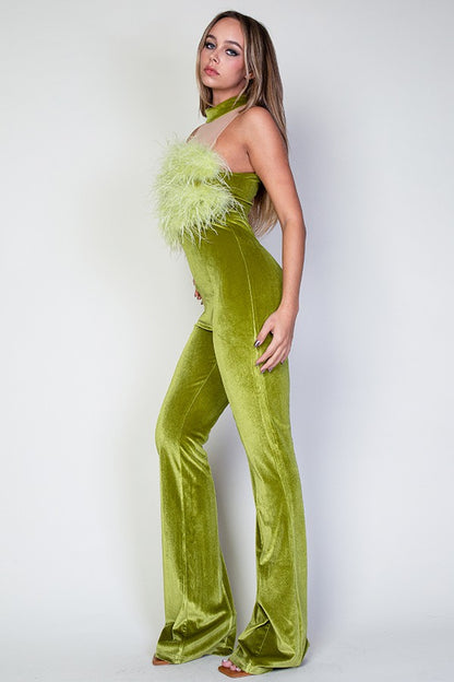 Giselle Faux Fur Trim Mesh Contrast Velvet Jumpsuit