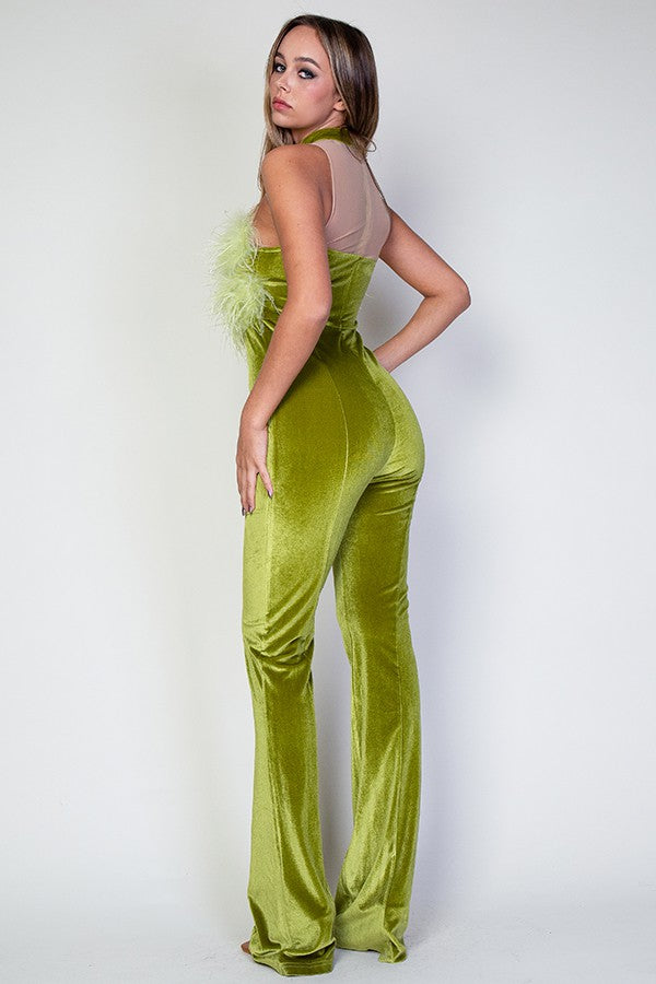 Giselle Faux Fur Trim Mesh Contrast Velvet Jumpsuit