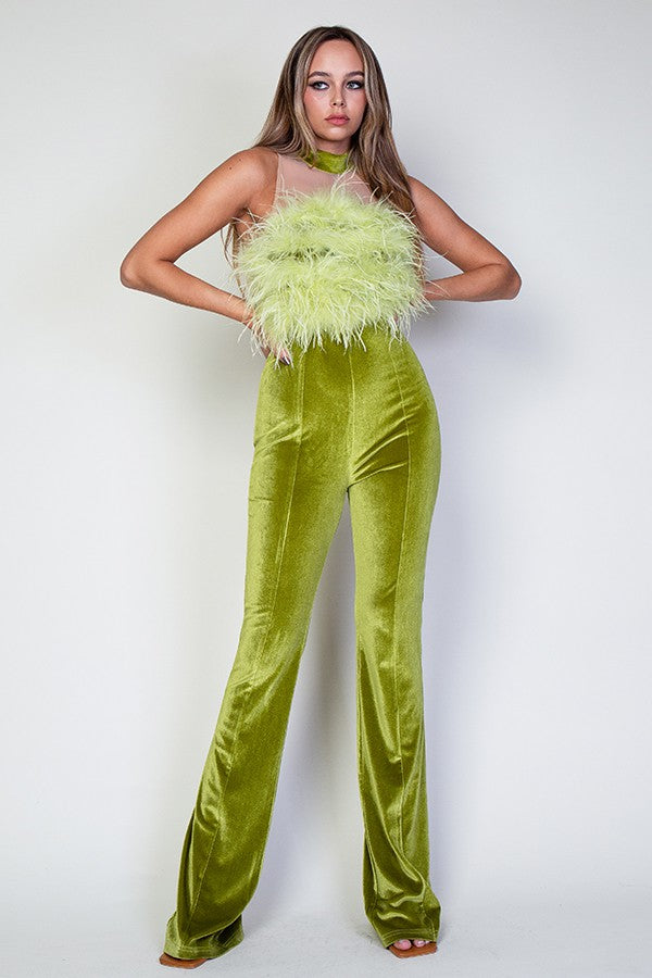 Giselle Faux Fur Trim Mesh Contrast Velvet Jumpsuit