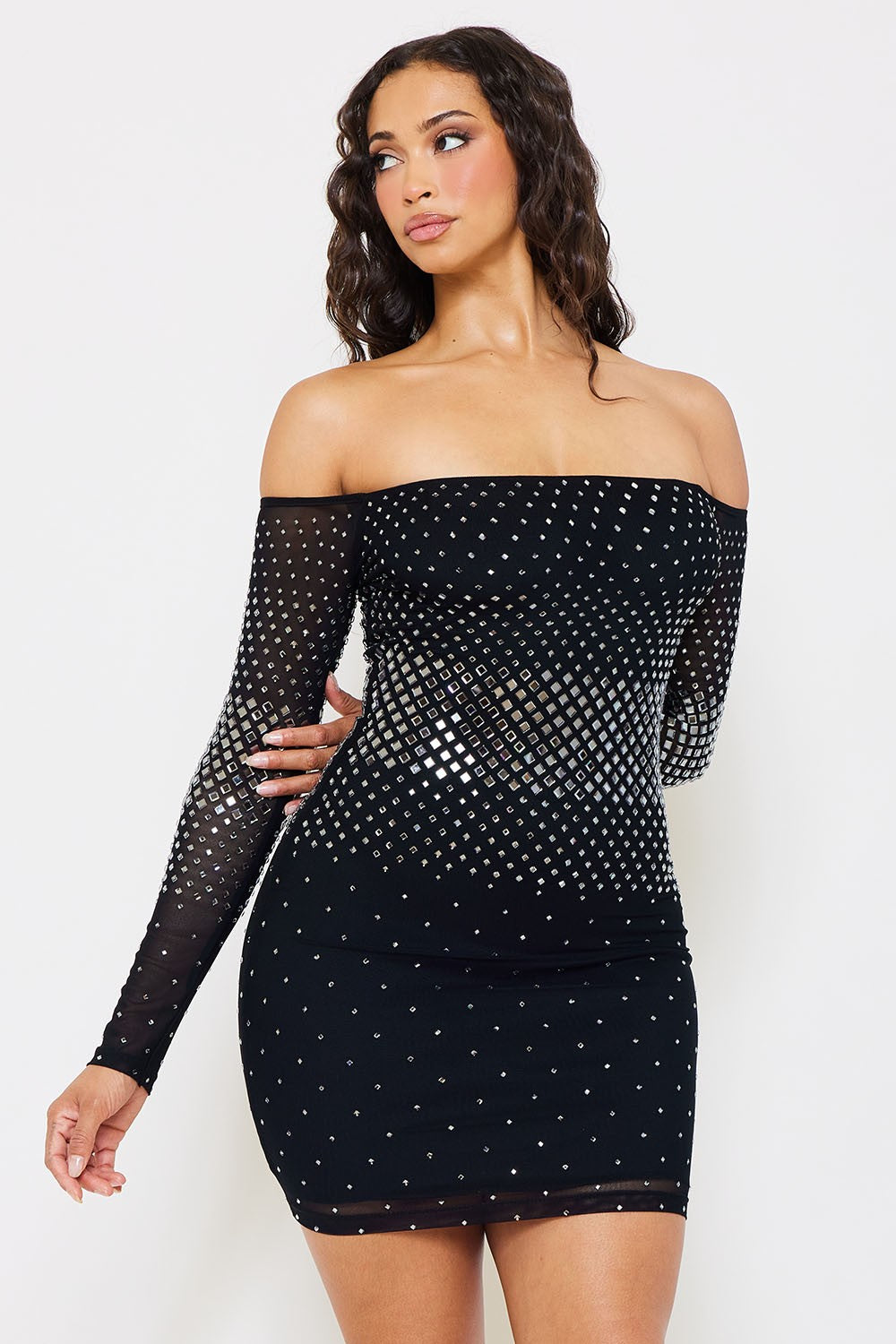 Faye Hotfix Rhinestones Decor Bodycon Mesh Mini Dress