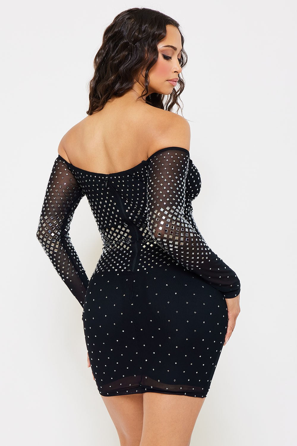 Faye Hotfix Rhinestones Decor Bodycon Mesh Mini Dress