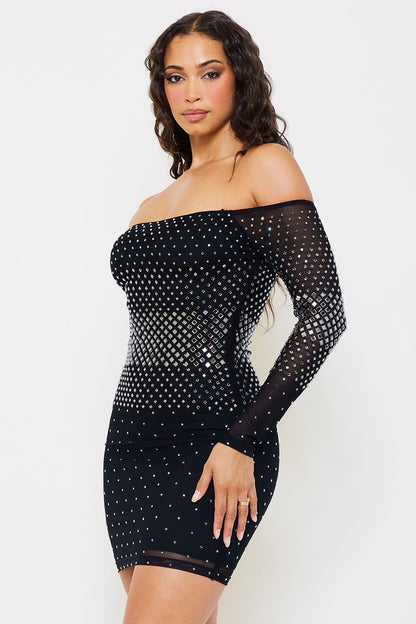 Faye Hotfix Rhinestones Decor Bodycon Mesh Mini Dress