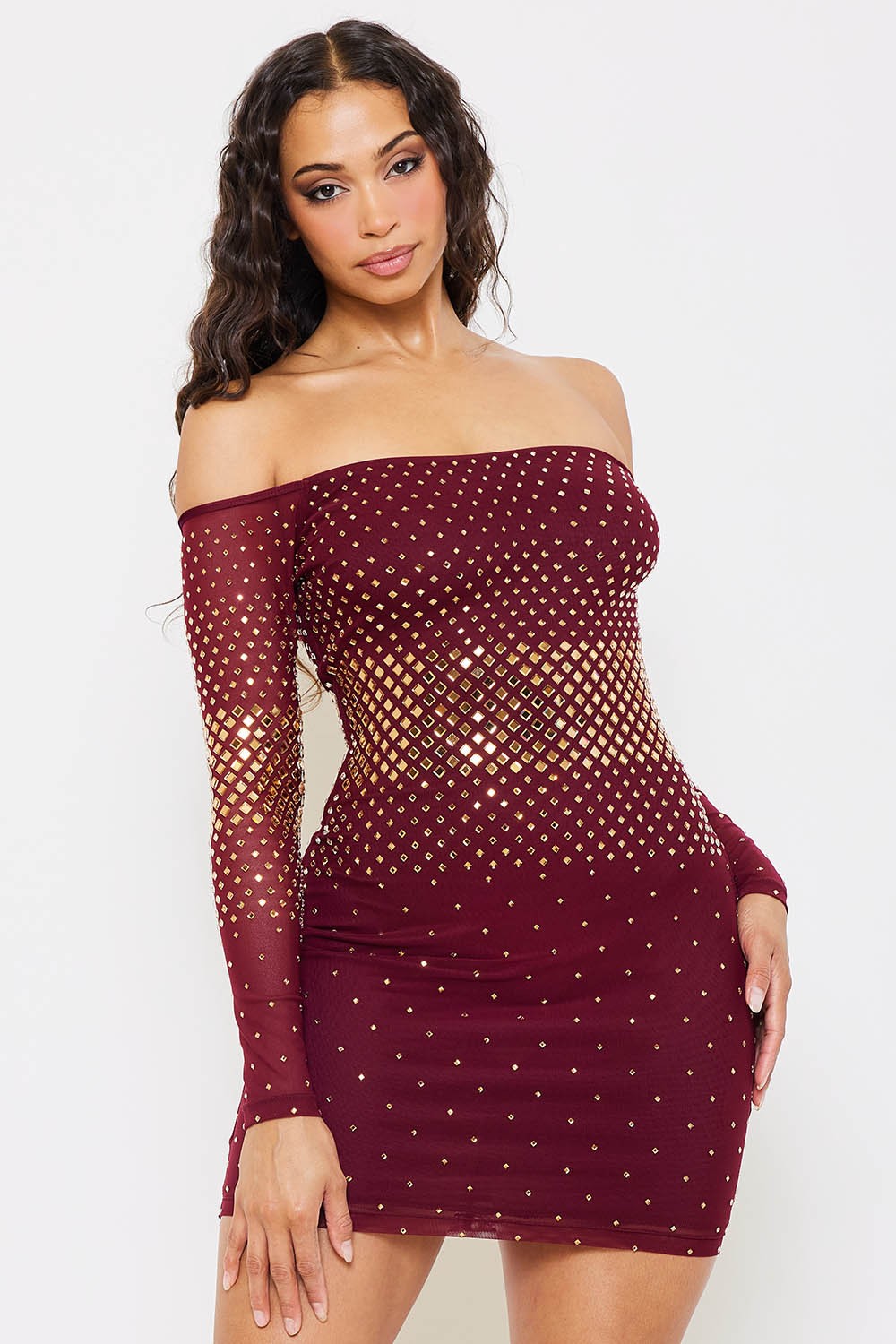 Faye Hotfix Rhinestones Decor Bodycon Mesh Mini Dress