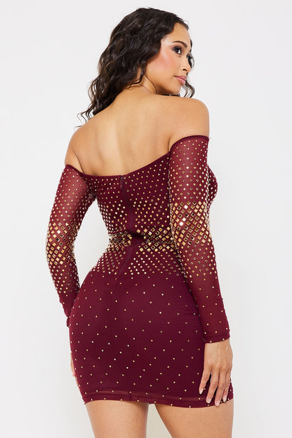 Faye Hotfix Rhinestones Decor Bodycon Mesh Mini Dress