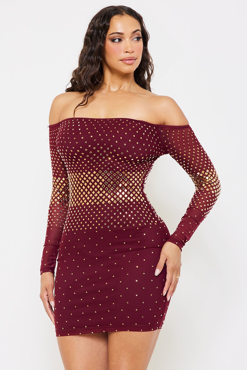 Faye Hotfix Rhinestones Decor Bodycon Mesh Mini Dress