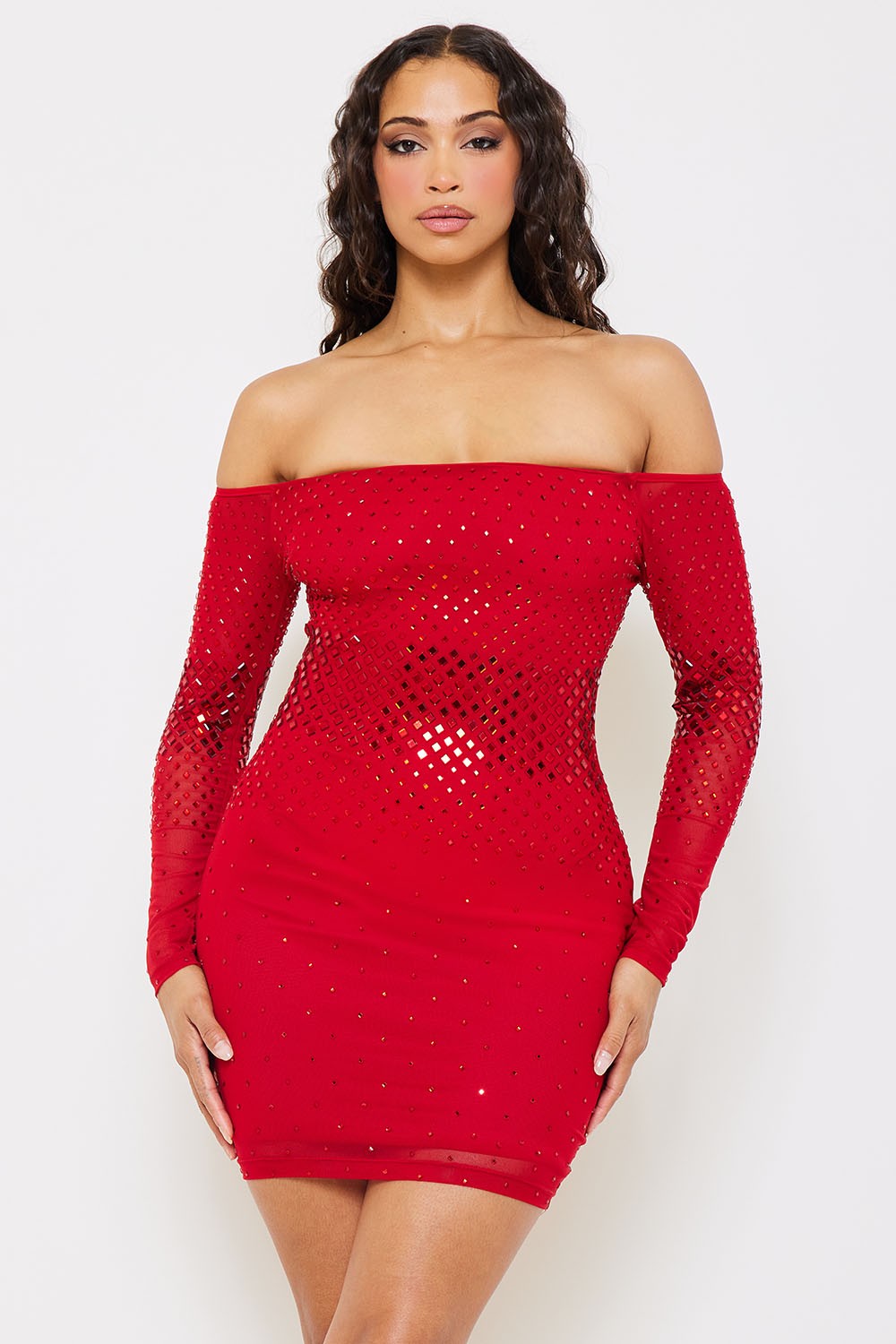 Faye Hotfix Rhinestones Decor Bodycon Mesh Mini Dress