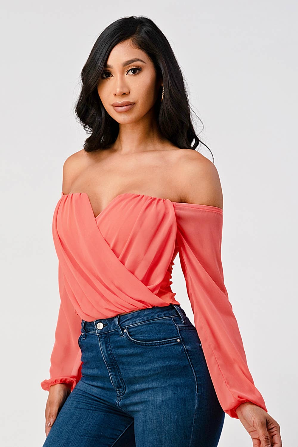 Marbella Off Shoulder Draped Front Long Sleeve Top