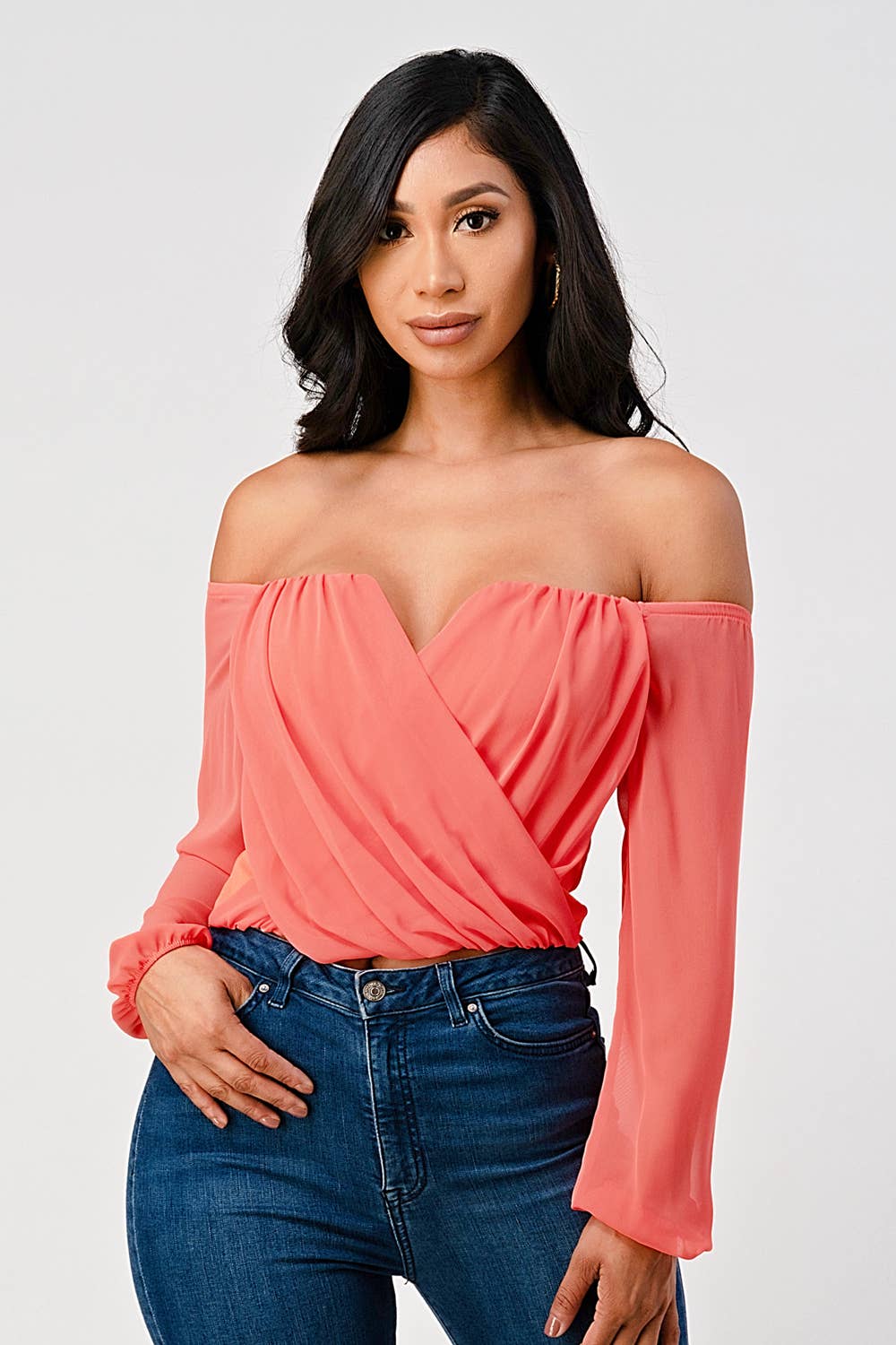 Marbella Off Shoulder Draped Front Long Sleeve Top