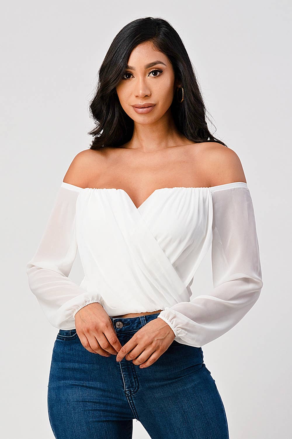 Marbella Off Shoulder Draped Front Long Sleeve Top