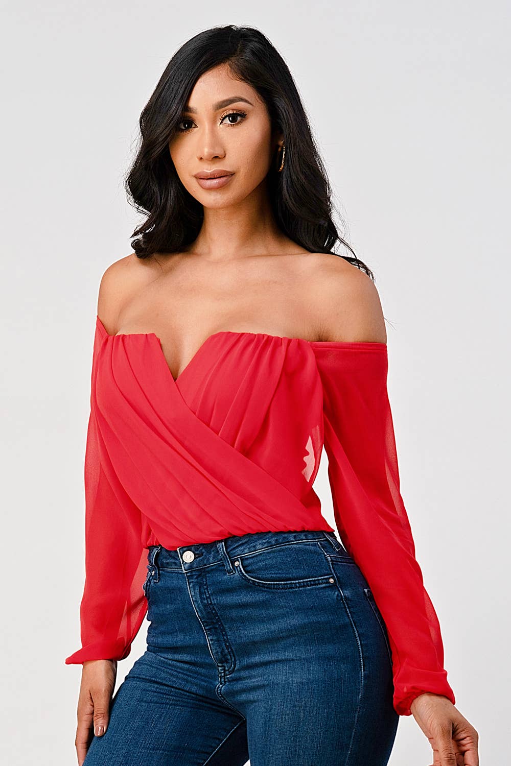 Marbella Off Shoulder Draped Front Long Sleeve Top